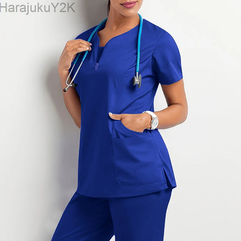 

Nurses Working Uniform Women Short Sleeve Pockets Workers T-shirt Tops Blouse Nurse Scrubs Accessories Nurse Uniform Workwear