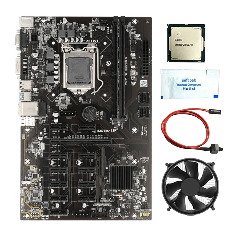 

B250 BTC Mining Motherboard with G3900 CPU+Fan+Thermal Grease+Switch Cable 12 PCIE to USB Slot LGA1151 DDR4 RAM SATA3.0