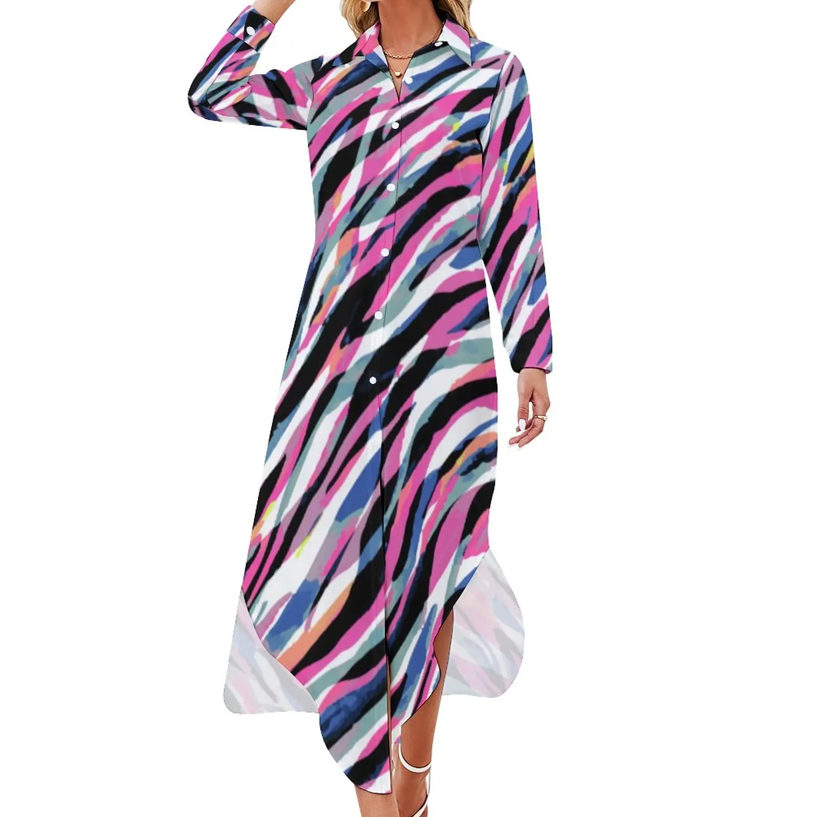 

Colorful Zebra Print Chiffon Dress Sexy V Neck Abstract Stripes Pretty Dresses Female Streetwear Casual Dress Birthday Present