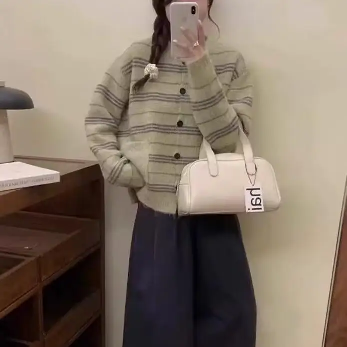 Вязаный кардиган в полоску женский осенне-зимний новый однобортный свободный