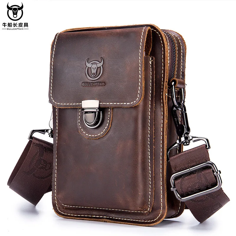

BULLCAPTAIN Men's Genuine Leather Waist Packs Casual Belt Mobile Phone Bag 100% Cowhide Men Small Shoulder Bag Crossbody Bag