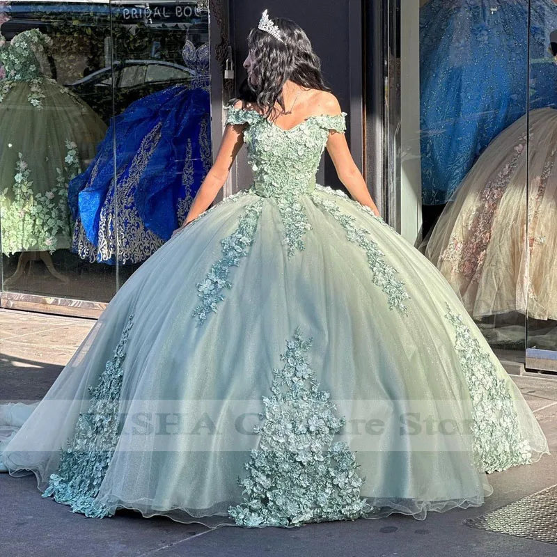 

Мексиканский зеленый корсет с 3D цветами, платье для Quinceanera, бальное платье с открытыми плечами, кружевные платья с аппликацией для XV лет