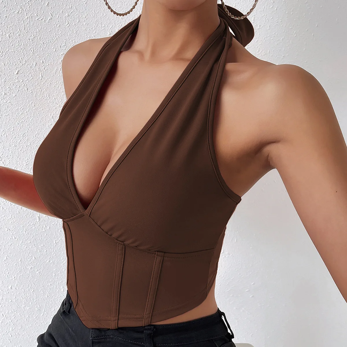 

YingShiTong Sexy Navel Exposed Vest with Neck Strap V-Neck Open Back Top New Women's Clothing in Europe And America