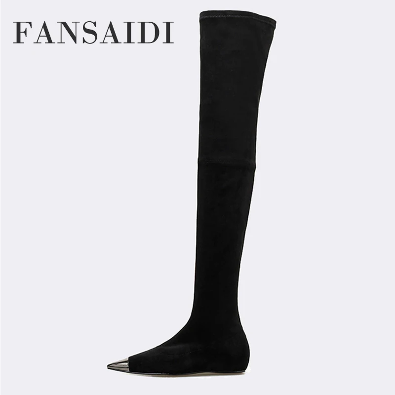 

FANSAIDI Over The Knee Boots Winter Pure Color Flats Consice Increase Height Elegant Stilettos Heels Ladies Boots