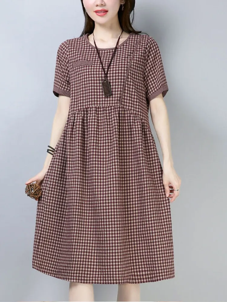 

100% Cotton Women Summer Casual Dress New 2022 Vintage Style O-neck Plaid Print Loose Ladies Elegant A-line Dresses D355