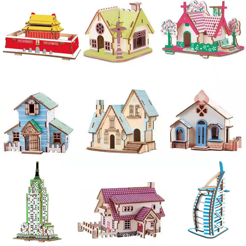 

DIY 3D Puzzle wooden Dimensional Model Assembled Brain Teaser Learning Educational Games Toys Children Jigsaw Kids Architecture