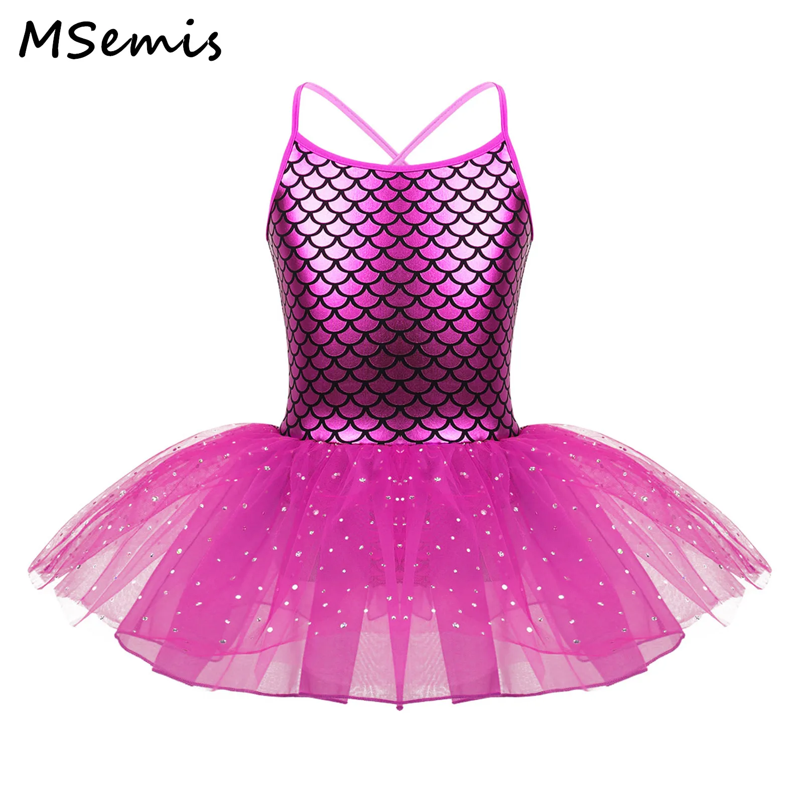 

Kids Girls Glitter Mermaid Dress Spaghetti Shoulder Straps Scales Pattern Printed Ballet Dance Gymnastics Leotard Tutu Dress
