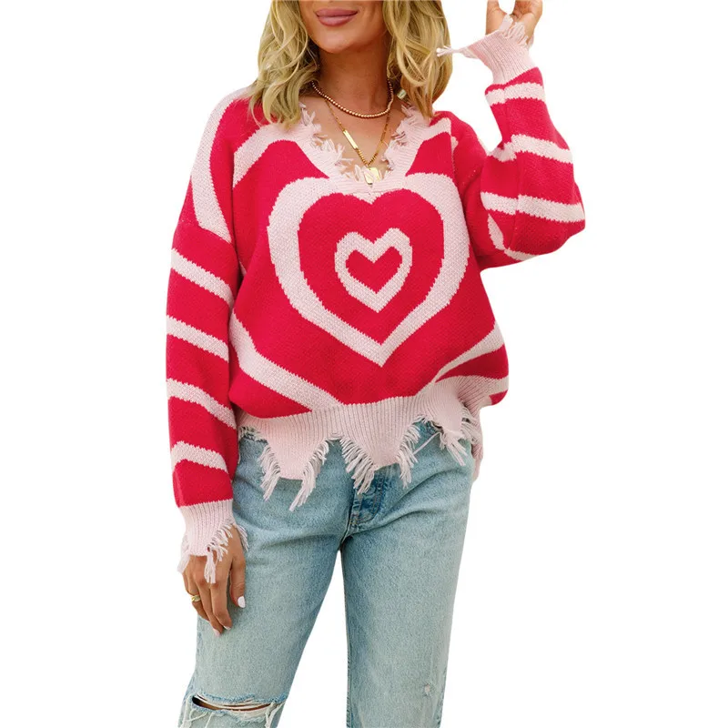 

Women's Autumn Winter Knitted Sweaters Pullovers Y2K Casual Loose Long Sleeve V Neck Heart Print Knitwear Jumpers Tops Vintage