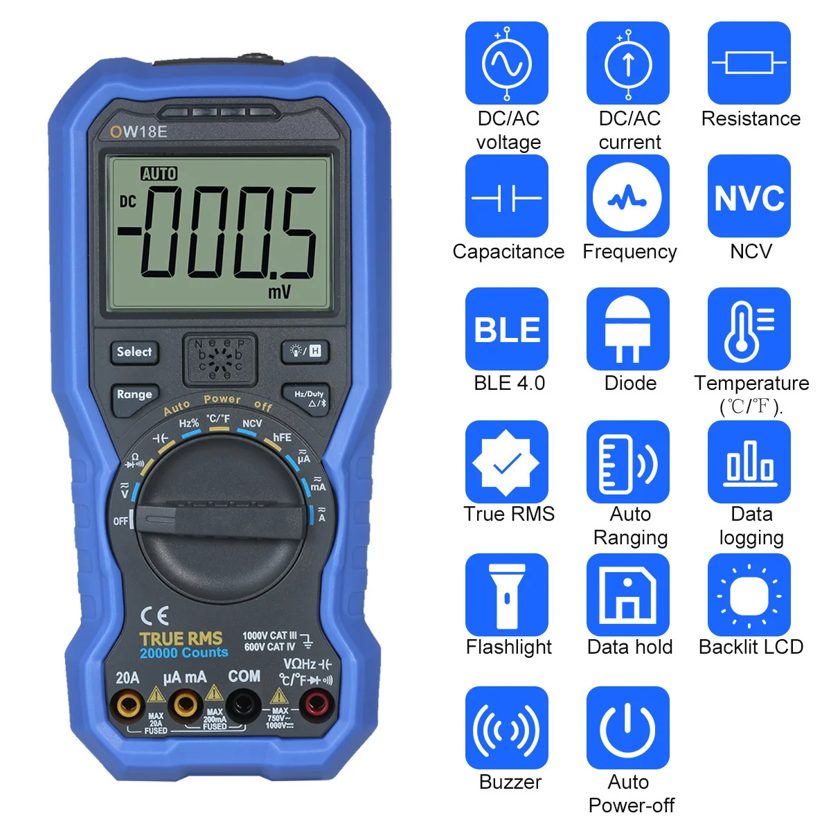 Цифровой Высокоточный мультиметр OWON OW18E с ЖК-дисплеем, 1/2 цифр, Smart BLE4.0 True RMS, с беспроводным подключением, автоматическим переключением данных