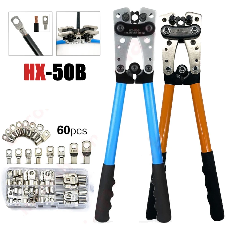 

HX-50B Cable Lug Crimping Tool Kit Heavy Duty Wire Lugs crimper 60pcs Assortment Car Auto Battery Terminals Connectors set