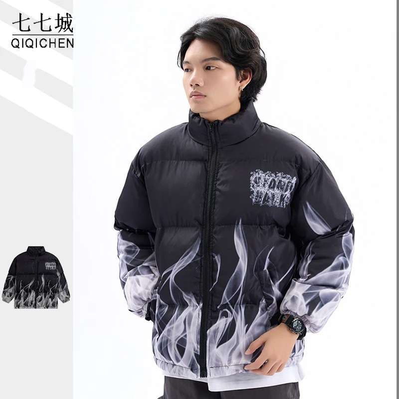 

Hip Hop Winter Lightning Parkas Men Smoke Letter Graffiti Print Cotton Down Padded Warm Harajuku Casual Streetwear Oversize Coat