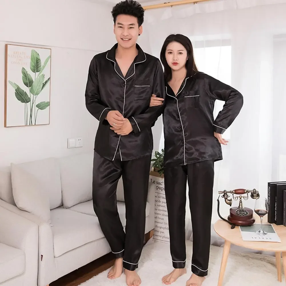 Silk Satin Pajamas Set Couples Solid Color Long Sleeve Sleepwear Suit Female Sleep Two Piece Set Loungewear
