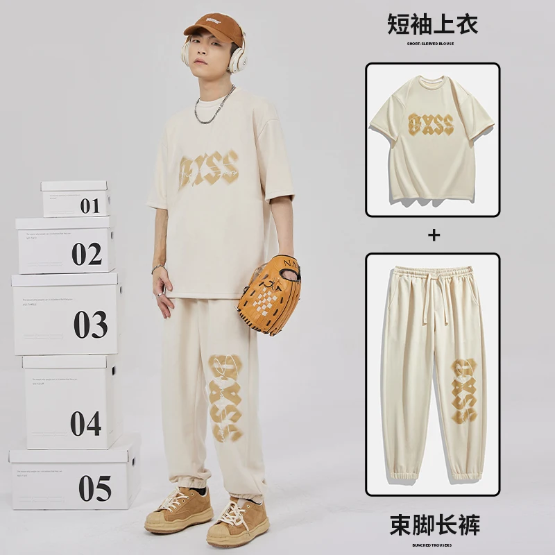 Summer Faux Suede Short Sleeve T-Shirt Letter Print +Trousers Tracksuit 2 Piece Man Fashion Hip Hop Casual Large Size Clothing