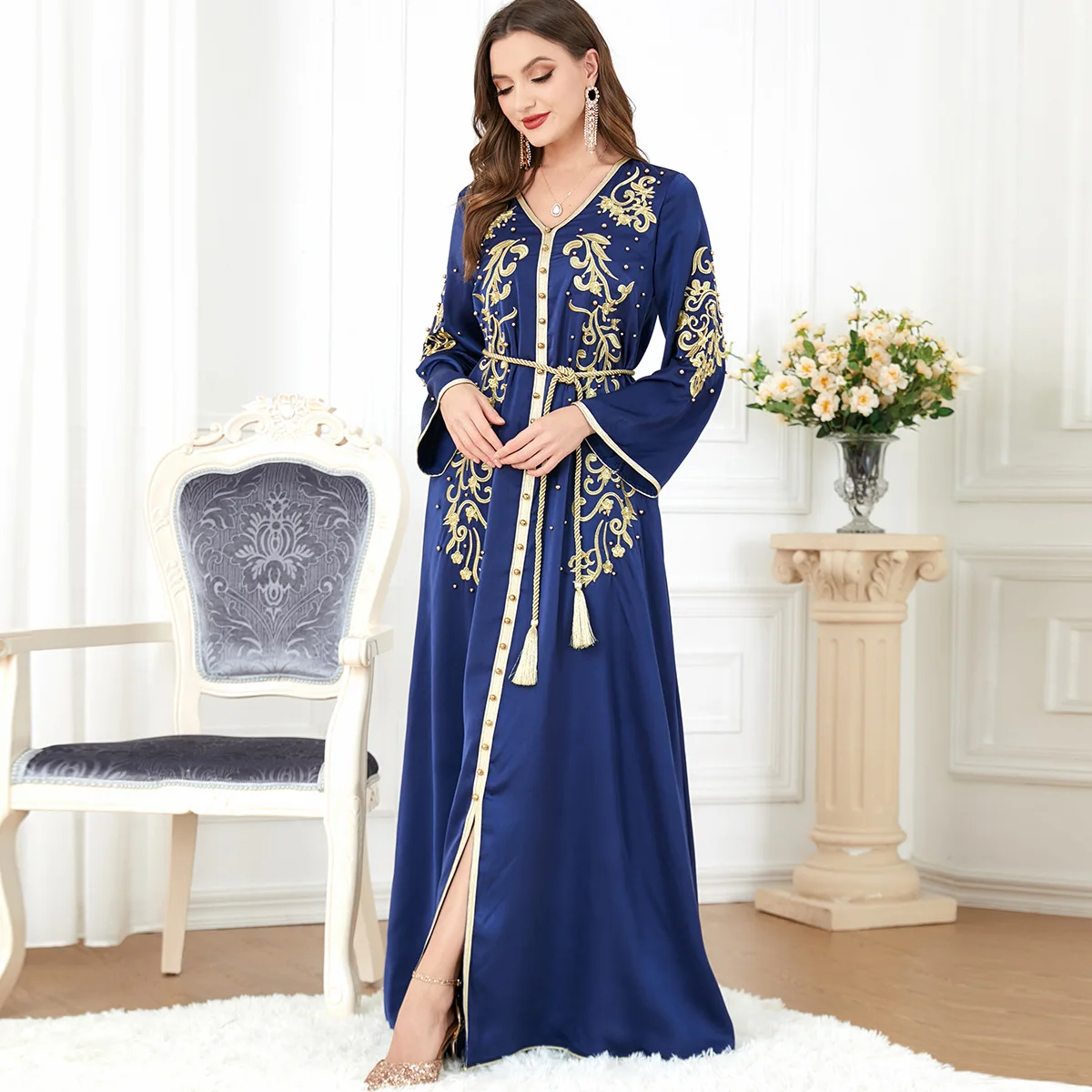 Elegant Casual Floral Embroidery Beaded Long Sleeve Muslim Dresses Party Belted Kaftan Modest Clothing Women Ramadan