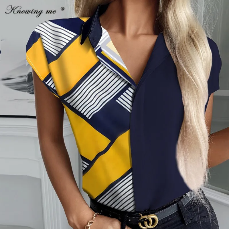 

Women Summer Patchwork Blouse Office Lady Short Sleeve Printed Shirt Elegant casual trundown Collar Top Streetwear Dropshipping