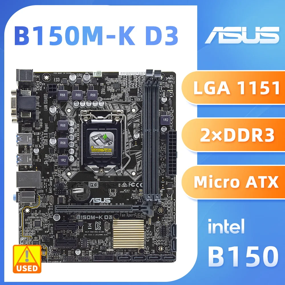 

LGA 1151 Motherboard ASUS B150M-K D3 6 Gen Core i7/i5/i3 Motherboard Intel B150 DDR3 32GB PCI-E 3.0 6×SATA III USB3.0 Micro ATX