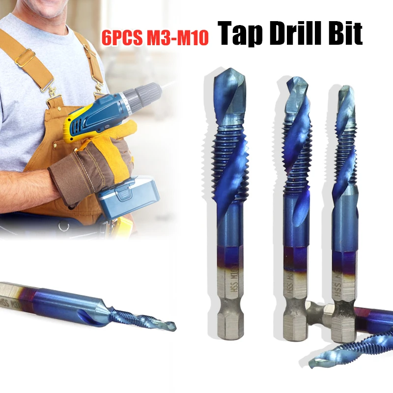 

M3-M10 Hand Tools Set HSS Titanium Plated Hex Shank Drilling Tapping Screw Thread Spiral Compound Tap Drill Bit