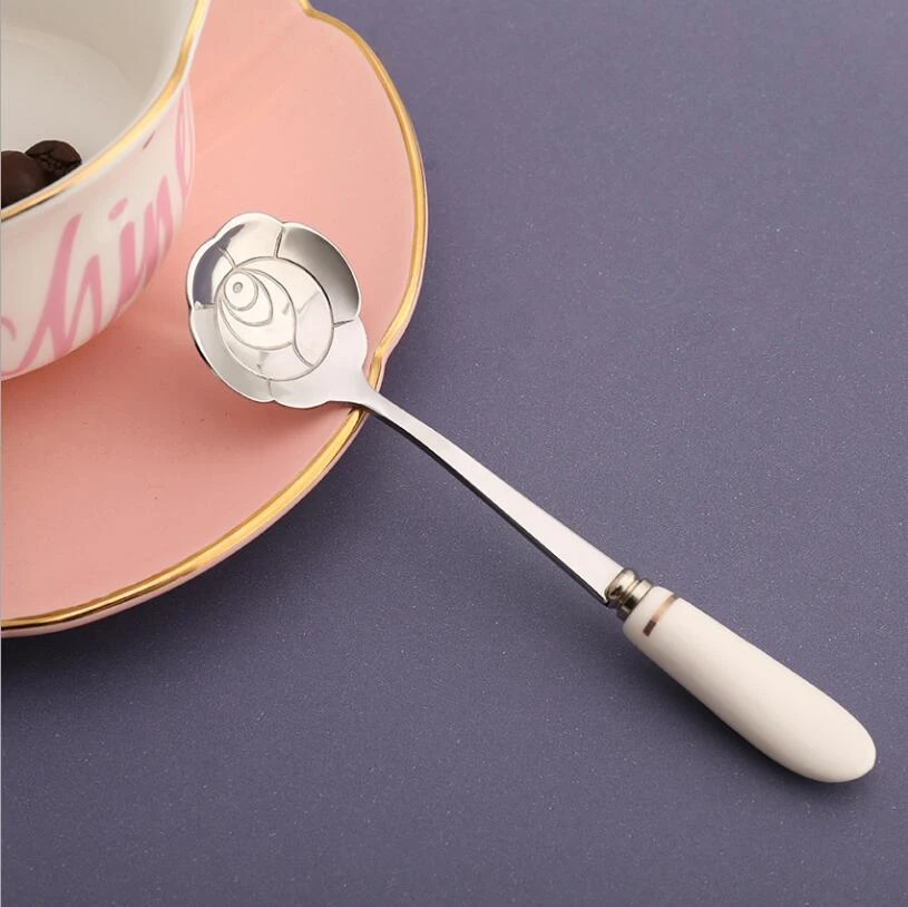 Ceramic Handle Flower Stirring Spoon Coffee Scoop Dessert Cake Ice Cream Spoons Gold Silver | Дом и сад