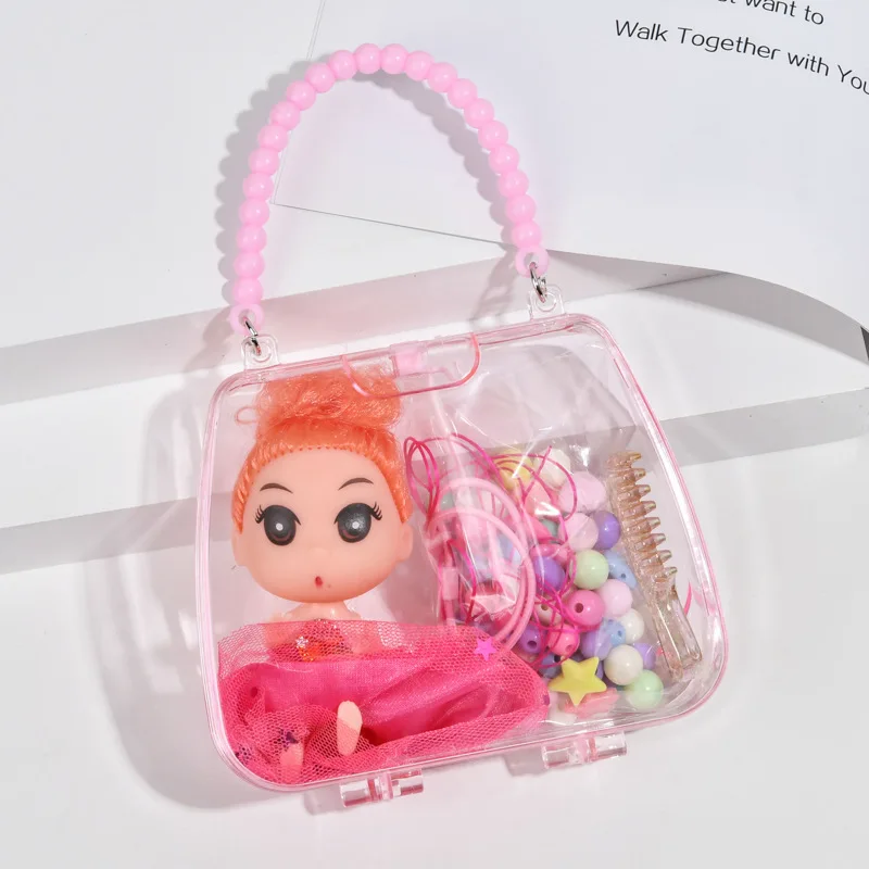 

Fashion Kids Play House Small Toys Keychain Fuzzy Doll Pink Handbag Keychain Girl Folding Cosmetic Gift