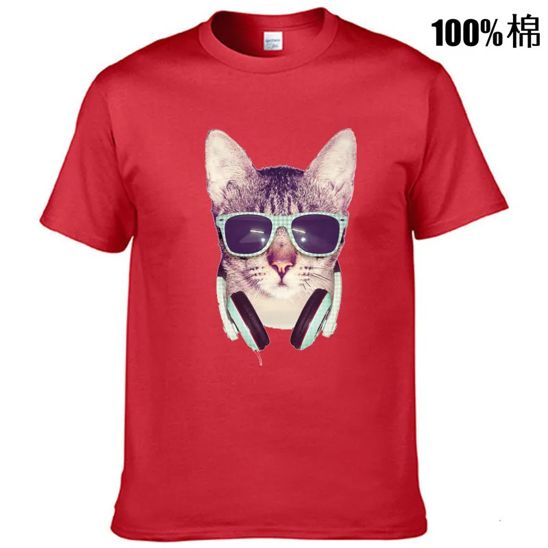Мужская высококачественная футболка из 100% хлопка с забавным принтом DJ котом