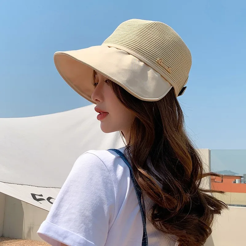 Beach Cap Large Head Patchwork Bucket Hat Women Summer 2023 New Sunscreen Basin Cap Large Brim Sun Protection Straw Hats