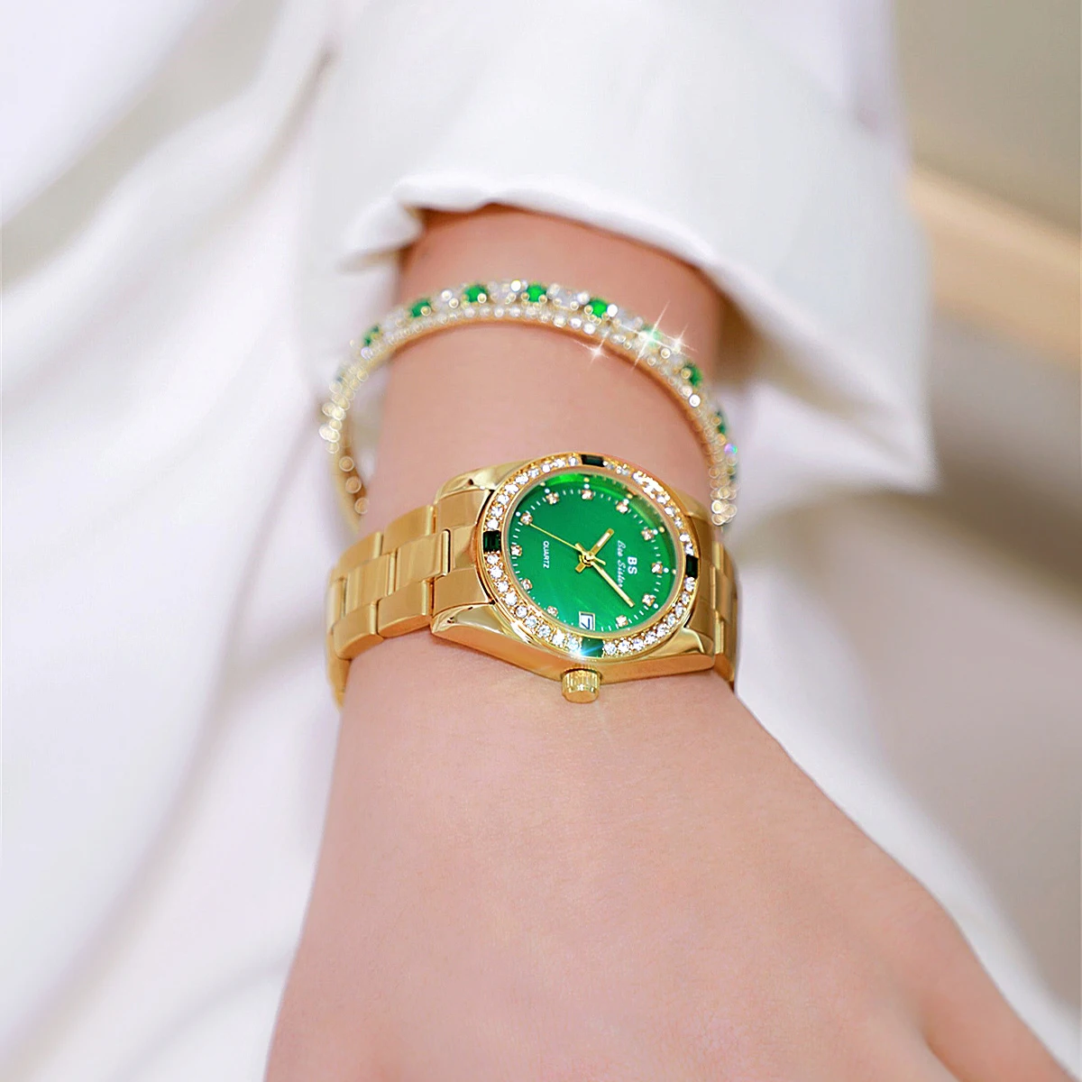BS Women Watches Luxury Brand Gold Stainless Steel Watch For Women Green Dial Crystal Diamond Watch Female Quartz Wristwatches