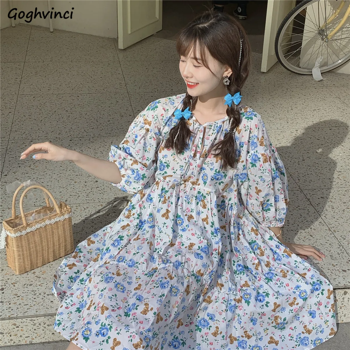 

Summer Short Puff Sleeve Dresses Women Plus Size 3XL Floral Dress Loose Leisure Japanese Style Streetwear Sweet Retro Trendy