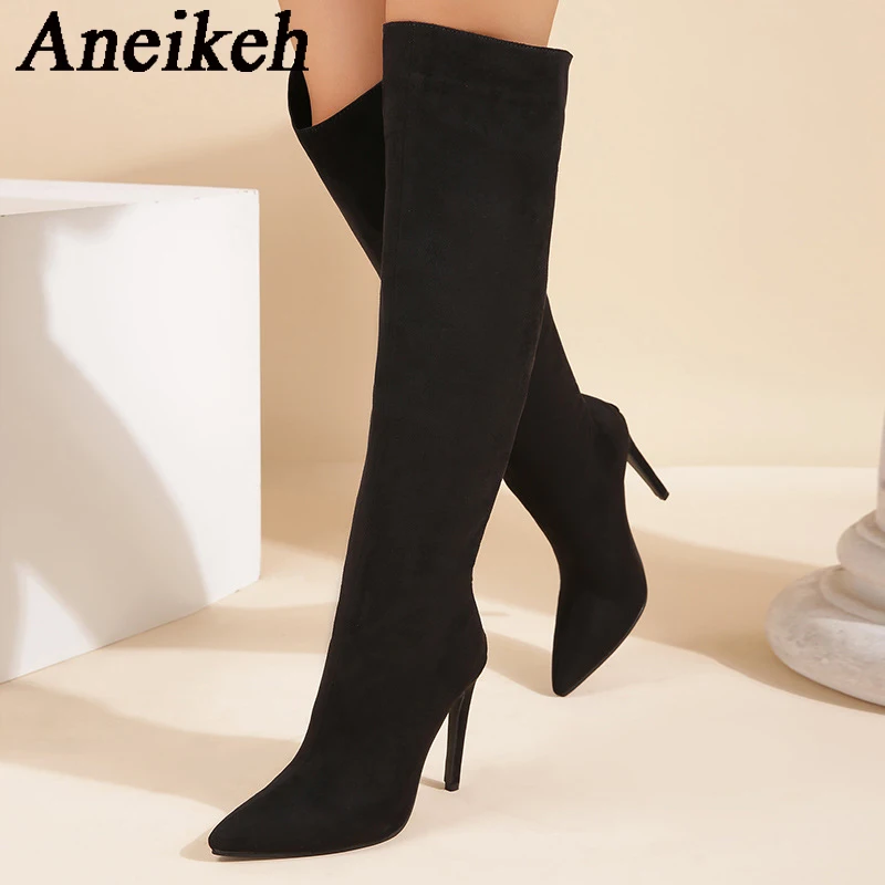 

Aneikeh Women's Spring/Autumn Flock Chelsea Boot 2024 Fashion Sexy Pointed Thin Heels Sewing Over-the-Knee Boots Party Ball