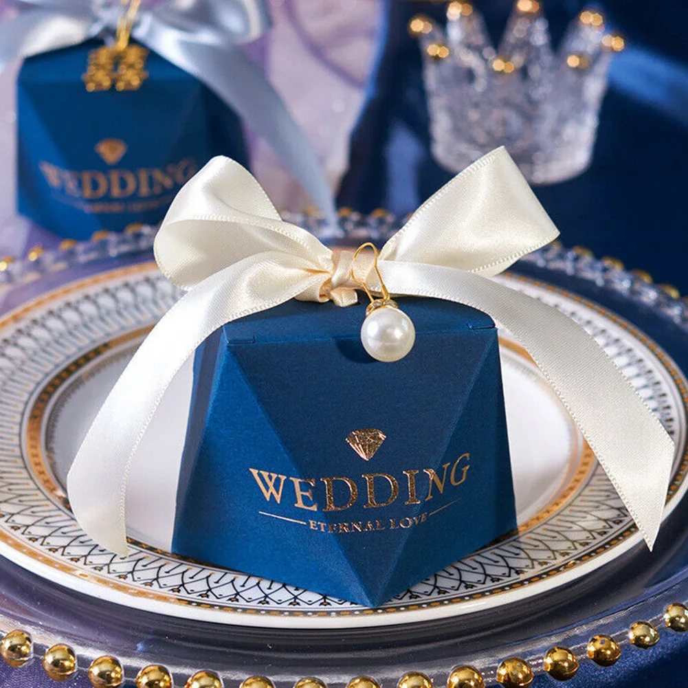 

10/50Pcs Navy Blue Diamond Pearl Wedding Party Favour Candy Sweet Gift Boxes Birthday Party Wedding Christmas Decoration