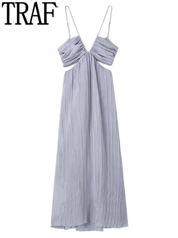 

TRAF Pleated Cut Out Dress Woman Backless Slip Long Dress Women Grey Tied Sexy Party Dresses 2022 Midi Summer Dresses For Women