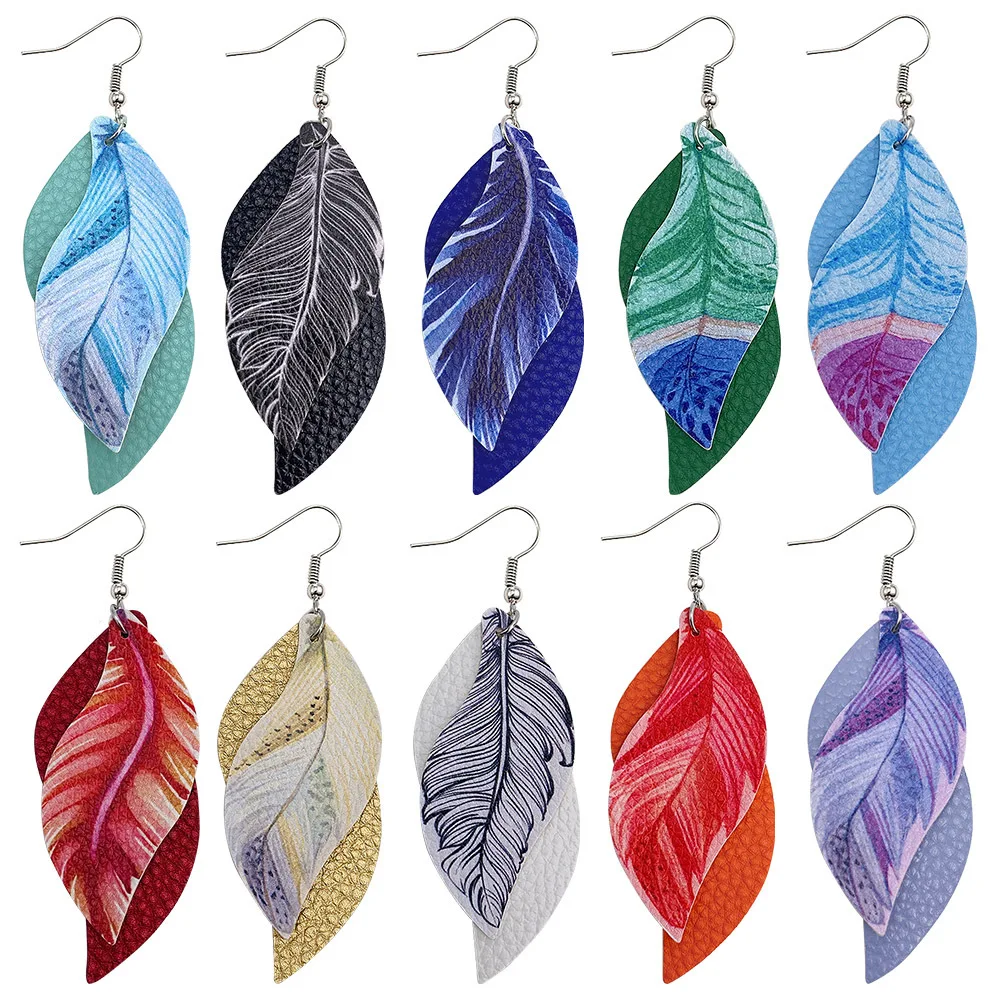 

SHOWP Fashion PU Leather Colorful Feather Pattern Pendants Leaf Shape Double Layer Charms DIY Earrings Jewelry Gifts