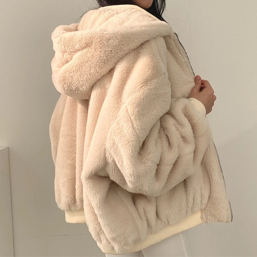 Loose plus fleece thickened two sides wear lamb wool padded clothes female coat Korean casual temperament autumn winter padded