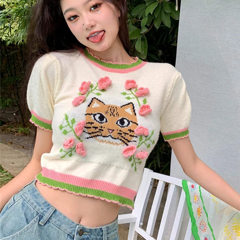 

Y2K Aesthetic Cat Embroidery Knitted Crop Tops Japan Kawaii Woman Tshirts Retro Puff Sleeve Sexy Girls Streetwear Summer Korean