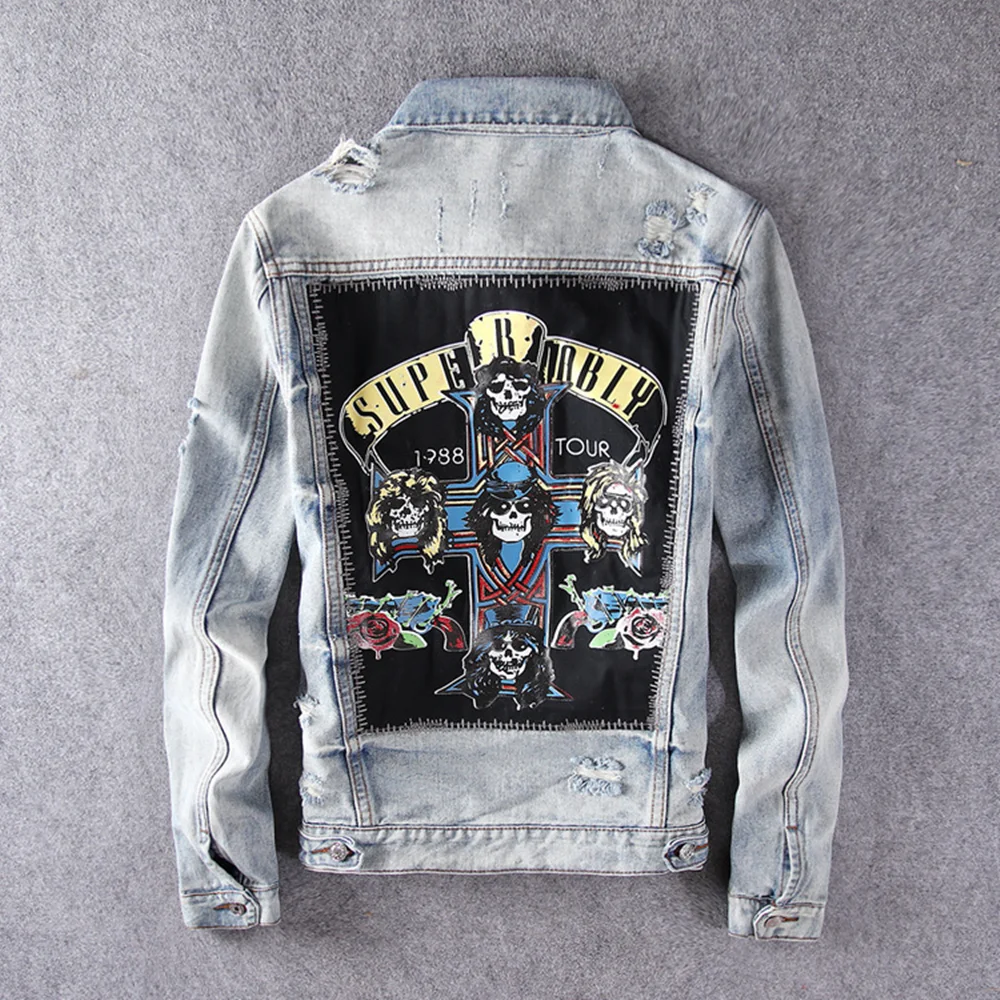 

Harajuku Casual Rocker GNR Stamp Washed Destroy Fades Vintage Indigo Blue Denim Jacket Rock Sweatshirt Guns N Roses Streetwear