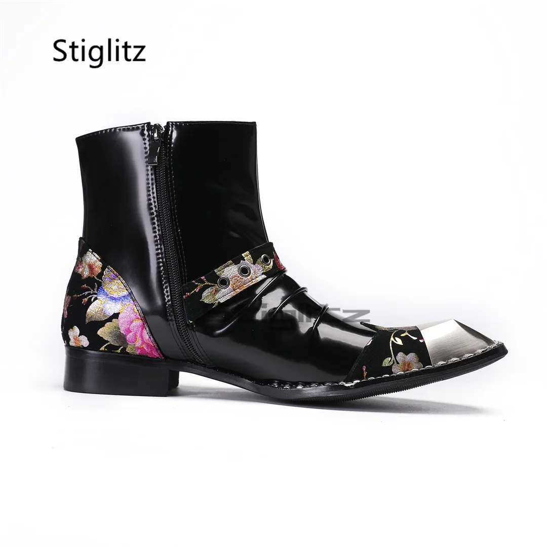 Мужские ботинки с металлическим квадратным носком лоскутные ботильоны принтом