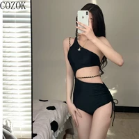 sexy cutout beauty back covering belly thin personality metal chain one shoulder one piece swimsuit female bathing suit