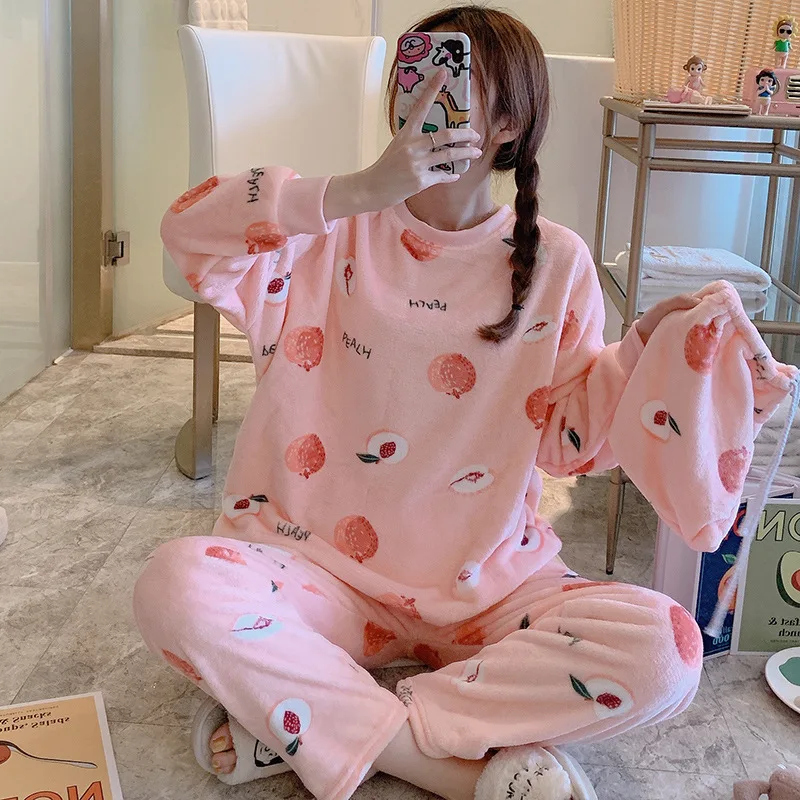 Autumn Winter Warm Flannel Women Pyjamas Sets Thick Coral Velvet Long Sleeve Cartoon Sleepwear Flannel Pajamas Set Girl