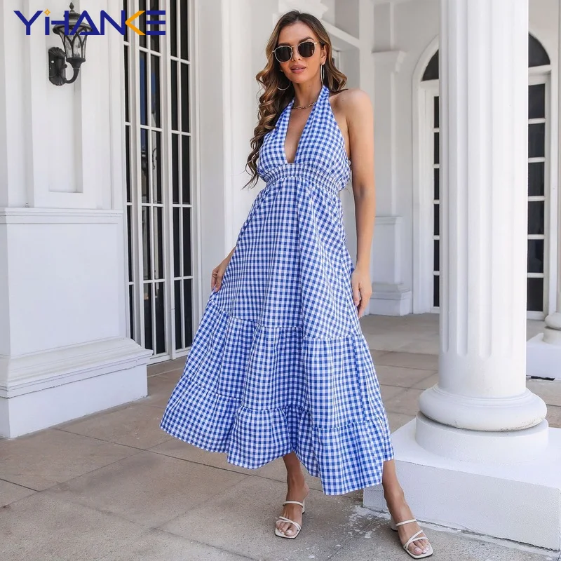 

Blue Black Plaid Print Halter Collar Long Dress Sexy Boho V Neck Backless A Line Ruffle Hem Holiday Dresses Vestido De Mujer