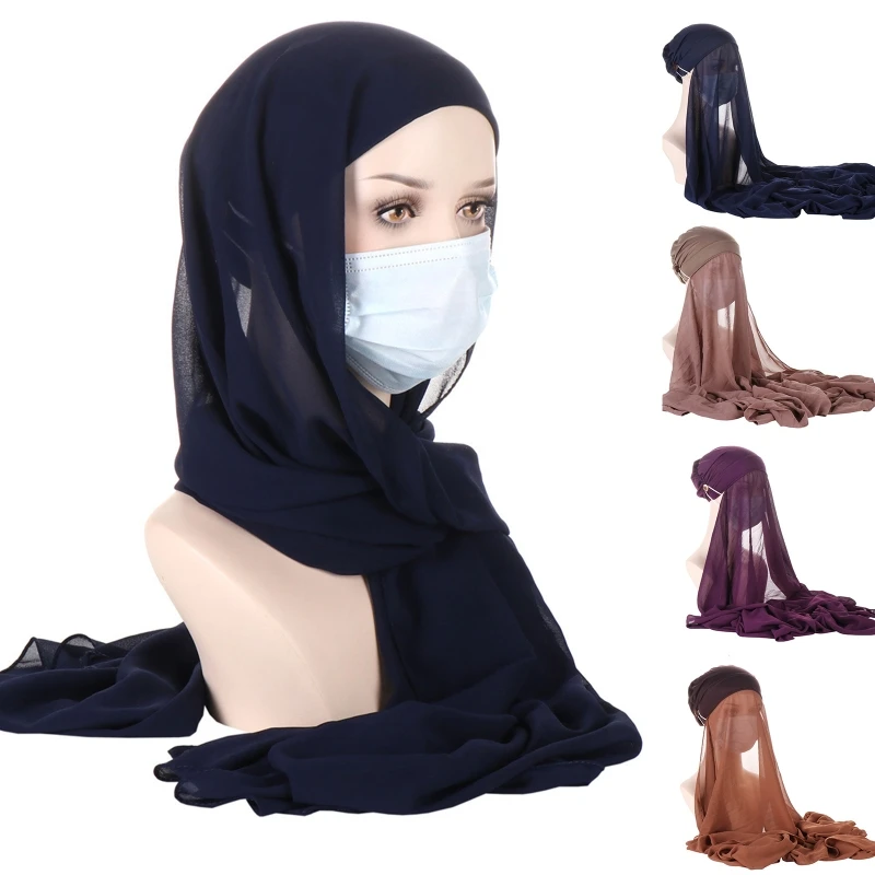 Hijab With Caps Muslim Hijab Scarf Headcovering Scarf Tudung Hijab Chiffon Wrap Head Scarf Non-slip Veil Scarf For Women