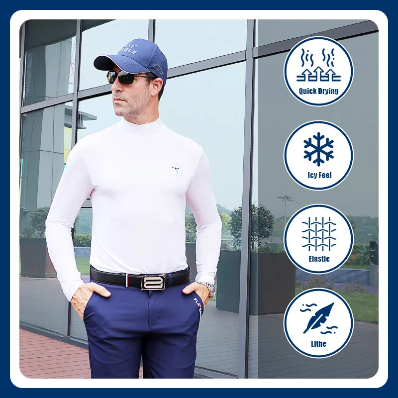 PLAYEAGLE Summer Men Golf Sunscreen Shirt Long Sleeve Ice Silk Sunscreen Top Breathable High Collar Elastic Quick Dry Sportswear