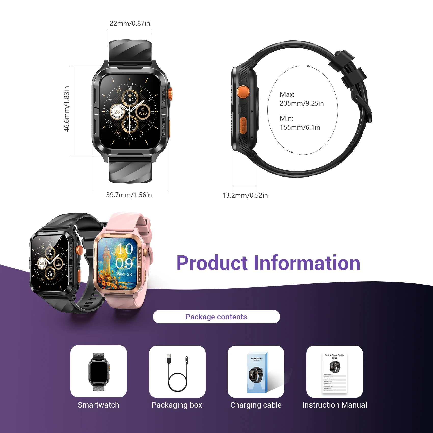 Смарт-часы Blackview W10 Pro с AMOLED-экраном 1.83'', GPS, голосовым помощником AI, фонариком, аккумулятором 600 мАч, водонепроницаемостью IP67, для спорта, подарок для мужчин (art.: 3920da84708fc) - 3920da84708fc