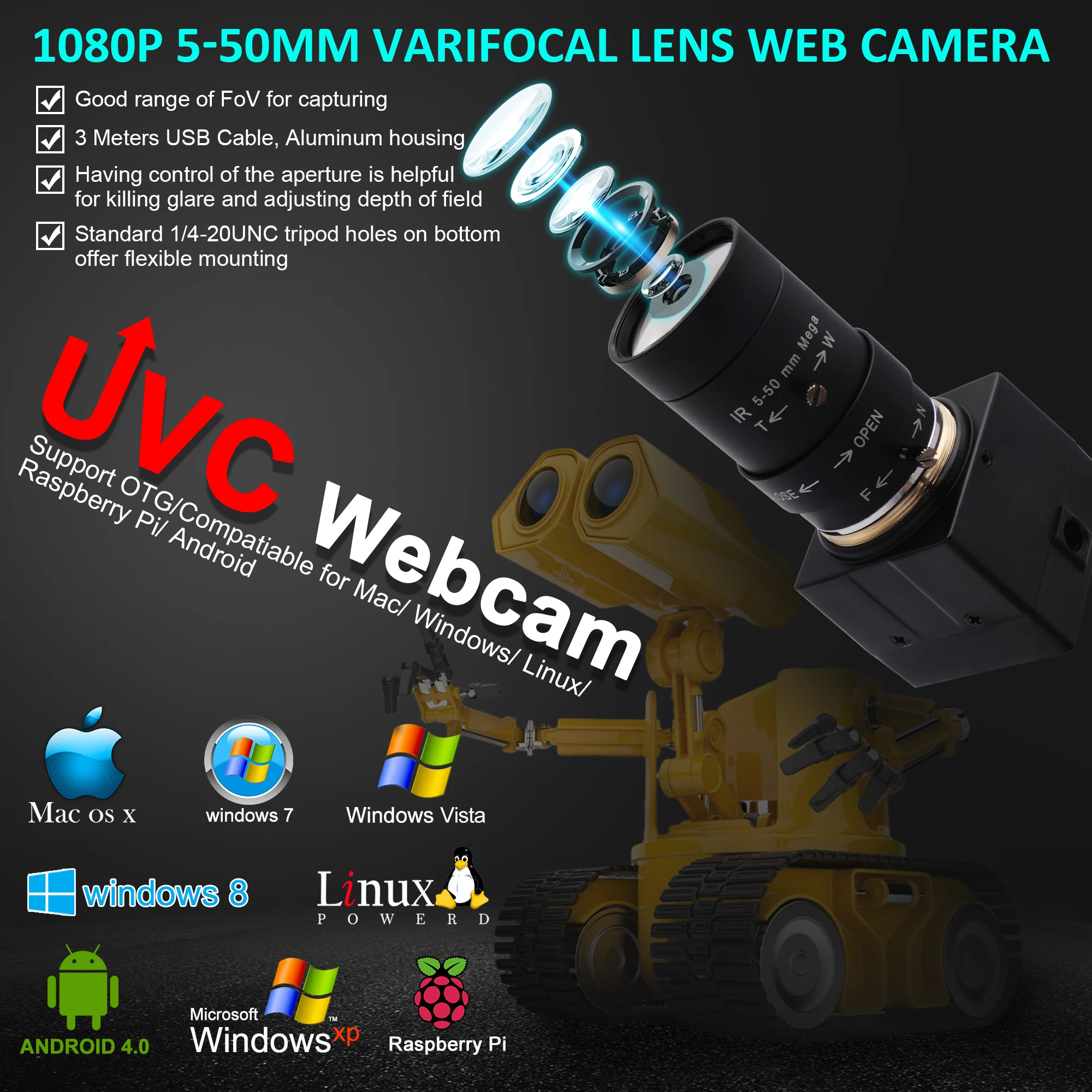 1080P USB веб-камера 5-50 мм объектив с креплением VaCS мини Чехол видео UVC для Windows Android Mac