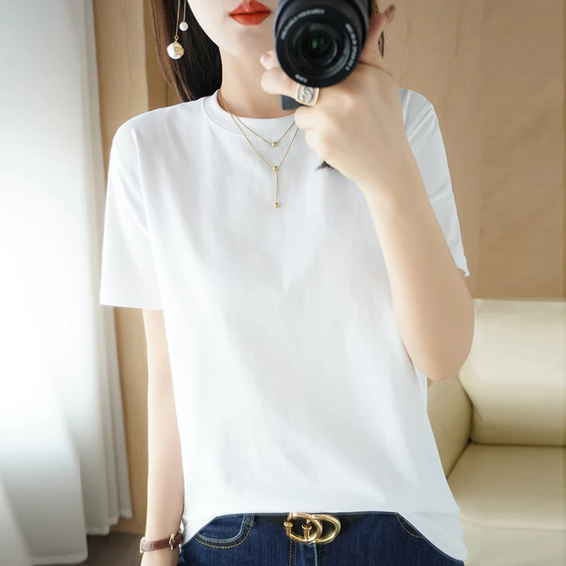 

Ladies Summer New 100% Cotton Basic T-Shirt Oversized Casual Solid Color T-Shirt Loose Fashion Short Sleeve Soft Comfortable Top