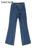 galcaur denim striped irregular trousers for women high waist flare pants slim fit streetwear jeans female 2022 spring fashion