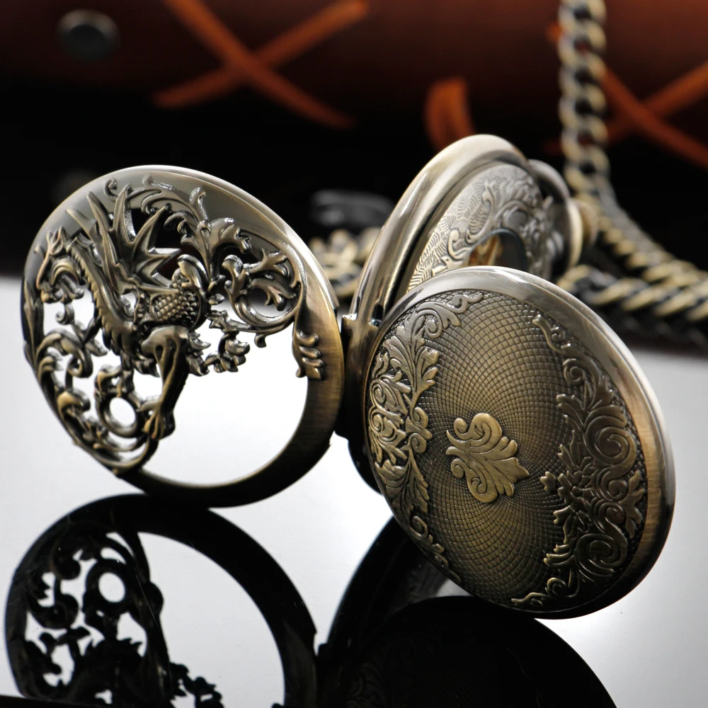 Luxury Exquisite Dragon Sculpture Mechanical Pocket Watch Retro Hollowed-Out Case Analog Skeleton Men's Mechanical Pocket Watch
