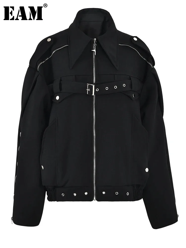

[EAM] Свободная черная Повседневная куртка на молнии большого размера, Новое Женское пальто с длинными рукавами и отворотом, модная весенне-осенняя коллекция 2023, CPG0694