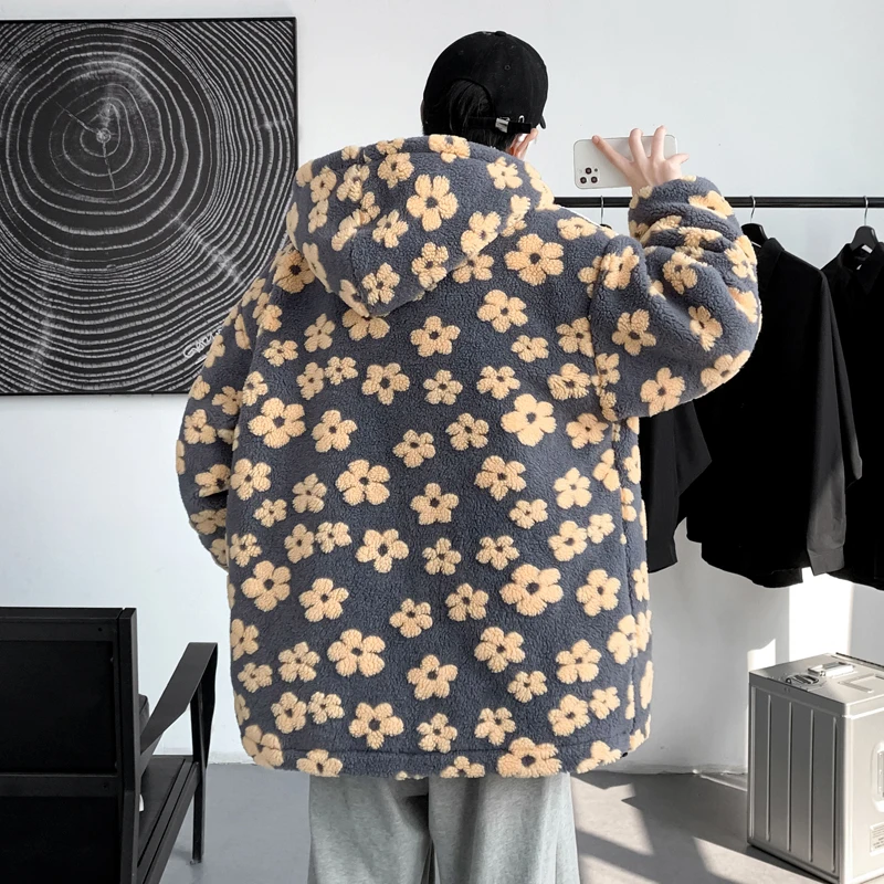 Winter Flower Lamb Hair Jacket Men Warm Fashion Thicken Plush Short Coat Mens Streetwear Loose Thick Cotton Clothes Male S-3XL