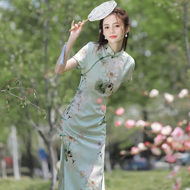 

Qipao Improved Cheongsam 2022 Lotus Print Summer Long Cheongsam Young Girl Temperament High-end Retro Chinese Dress