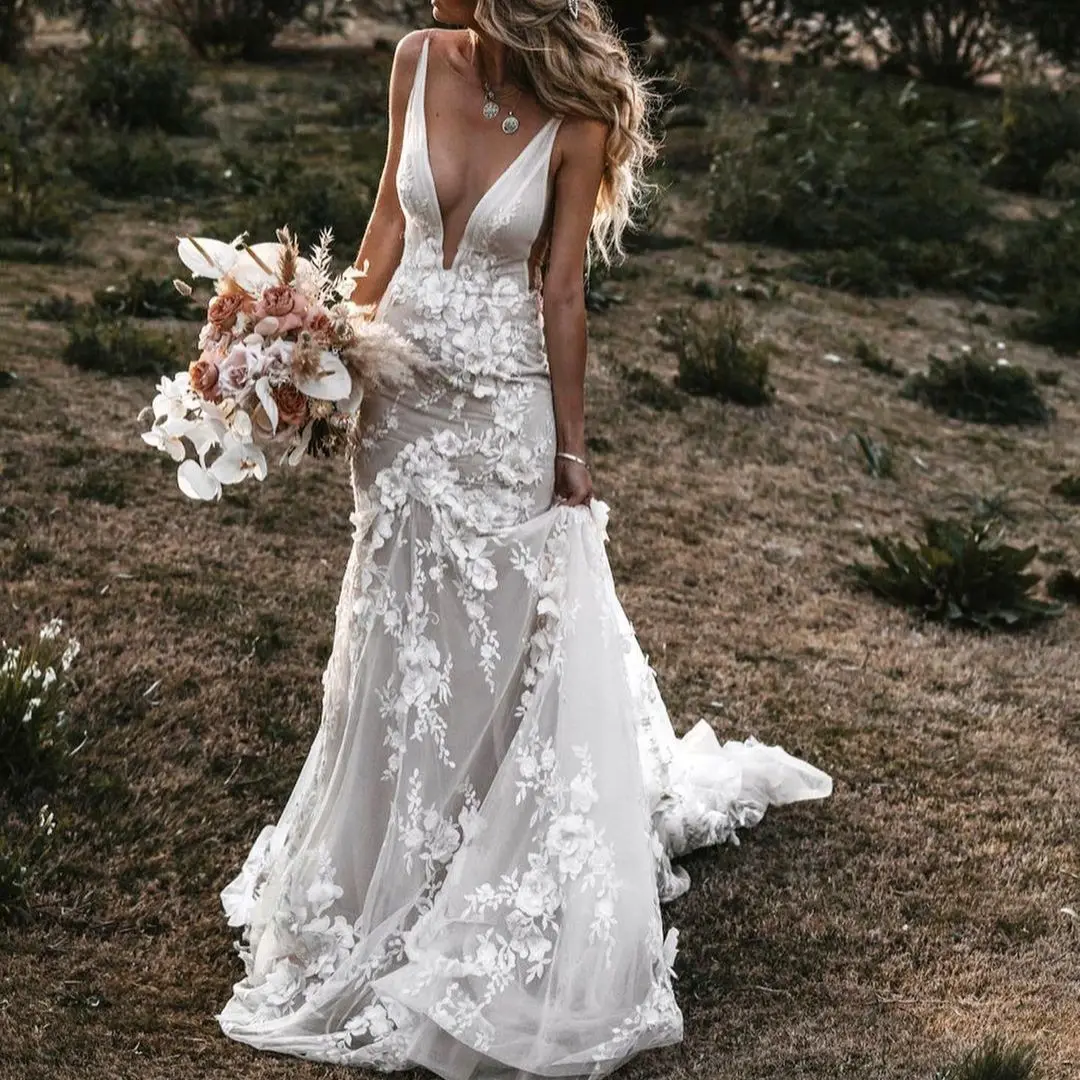 

FATAPAESE Sexy Wedding Dress Floral Embroidery Lace Tulle Mermaid Staphetti Strap Backless Appliques Open Back Bride Gowns