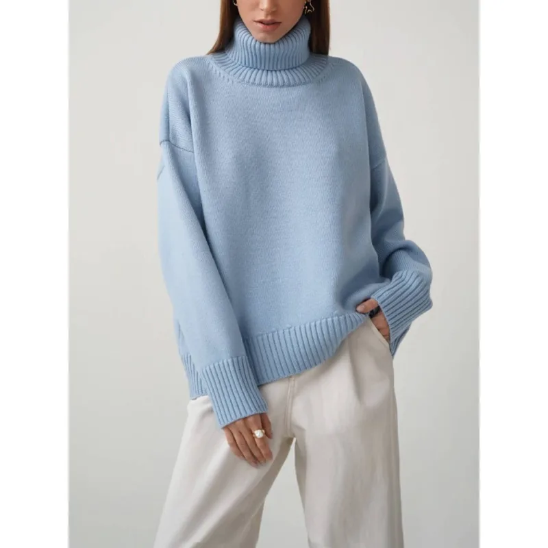 

Элегантный женский свитер с высоким воротником, шикарный наряд, сезон осень-зима, плотный теплый пуловер, топ, повседневный Свободный вязан...